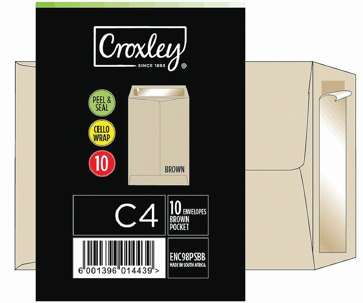 CROXLEY JD98PSBB C4 Brown Peel & Seal Envelopes - Cellowrapped 10's (Box of 25 Packets)