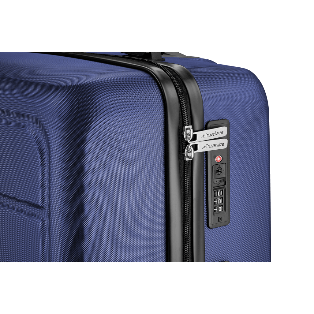 Close-up of Travelwize Maple ABS 75cm spinner luggage navy with zippers and lock features for travel security.