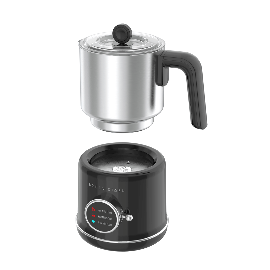 Boden Stark Milk Frother in stainless steel with black base, perfect for creating creamy frothed milk for coffee and lattes.