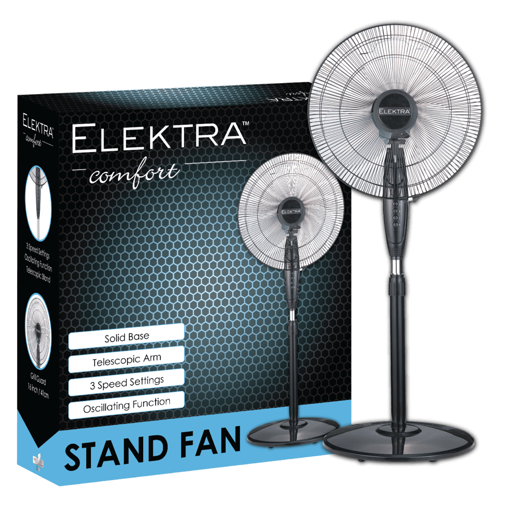 Elektra stand fan with three-speed settings and oscillating function, featuring a solid base and telescopic arm.