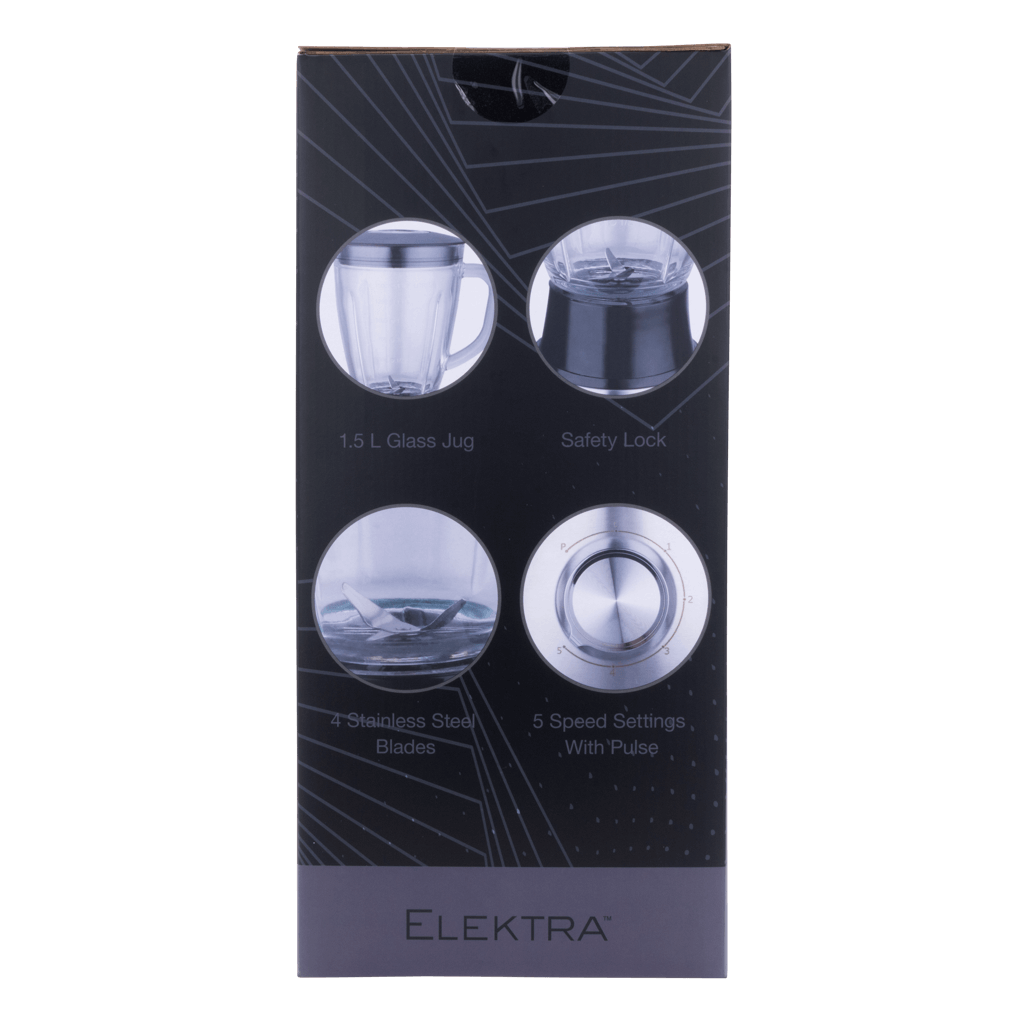 ELEKTRA blender packaging features: 1.5L glass jug, safety lock, stainless steel blades, 5 speed settings with pulse option.