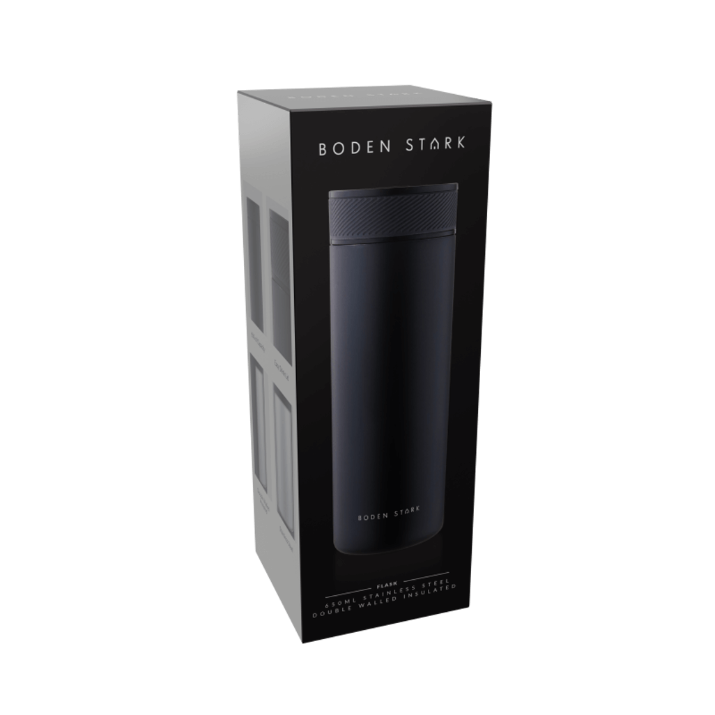 Boden Stark 650ml Travel Flask in Black packaging, showcasing its sleek design and high-quality construction.