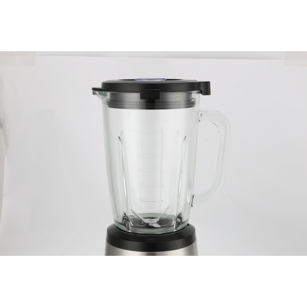 Boden Stark 1000W Glass Jug Blender with a clear glass jug and black lid on a silver base.