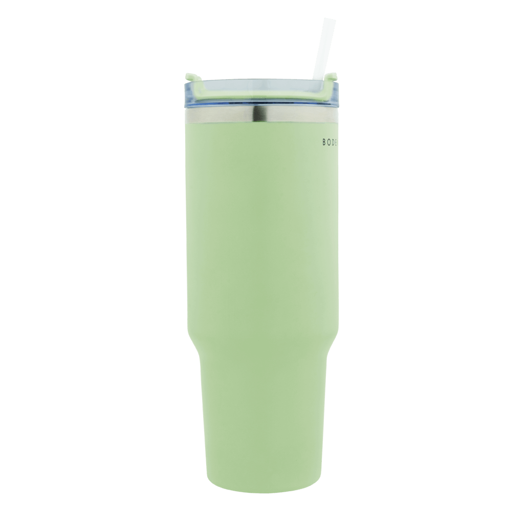 Boden Stark 1200ml Travel Mug in green with a straw, perfect for on-the-go hydration.