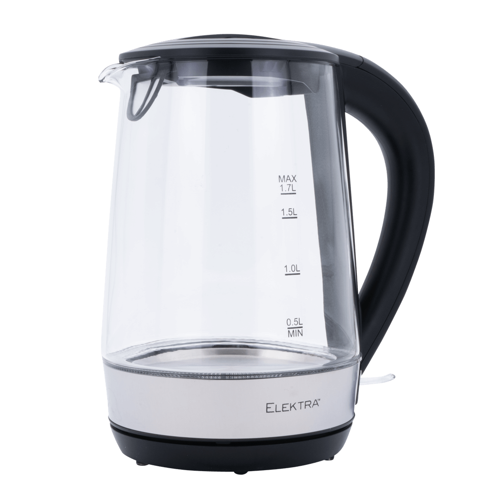 ELEKTRA 1.7L Glass Kettle with stainless steel base, transparent body, and 360° cordless design.