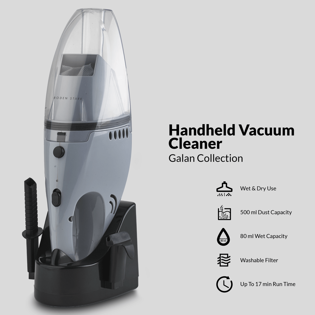 Boden Stark Galan Collection handheld vacuum cleaner for wet and dry use with 500ml dust capacity and washable filter.