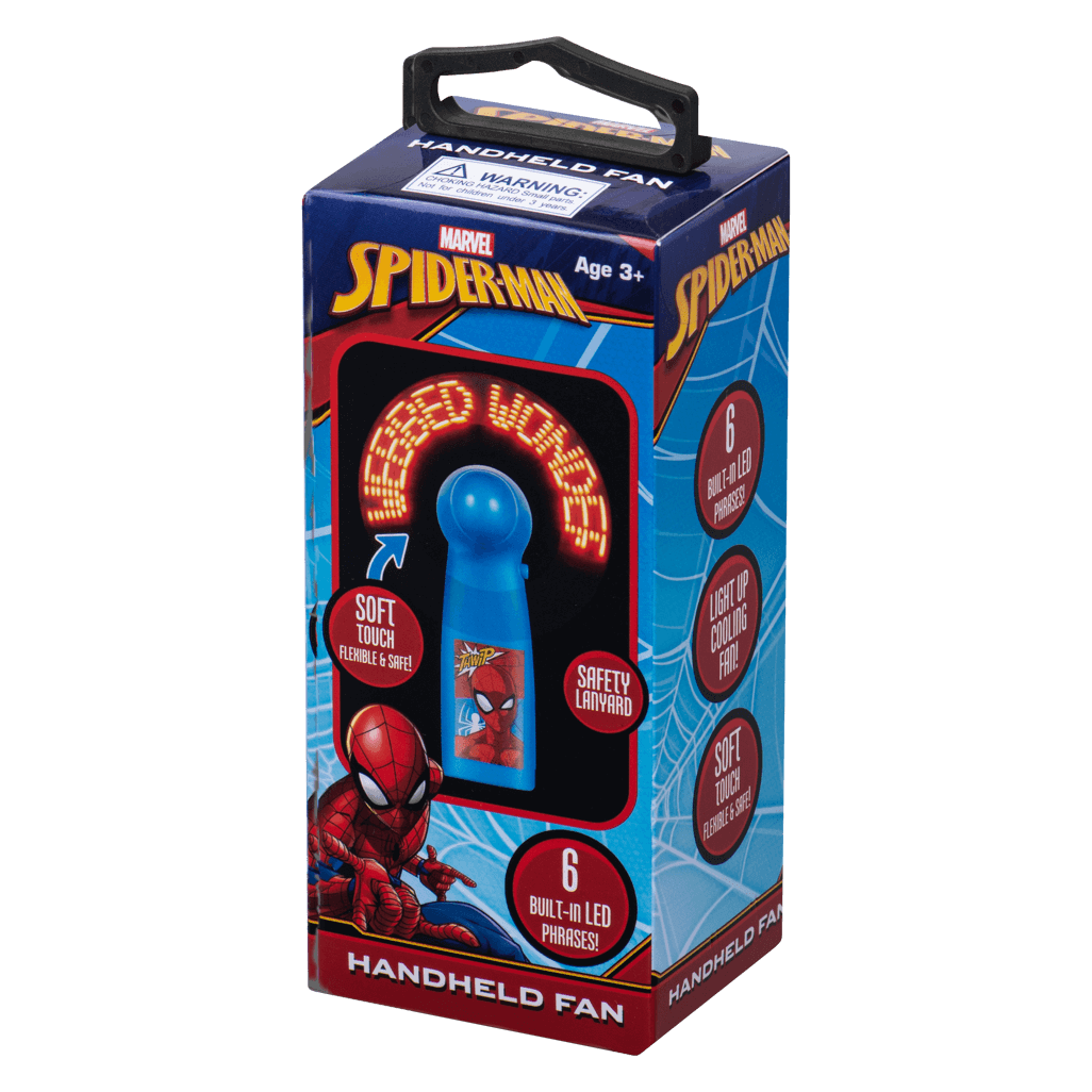 Spider-Man Handheld Fan featuring soft touch design, safety lanyard, and 6 built-in LED phrases, perfect for fans aged 3 and up.