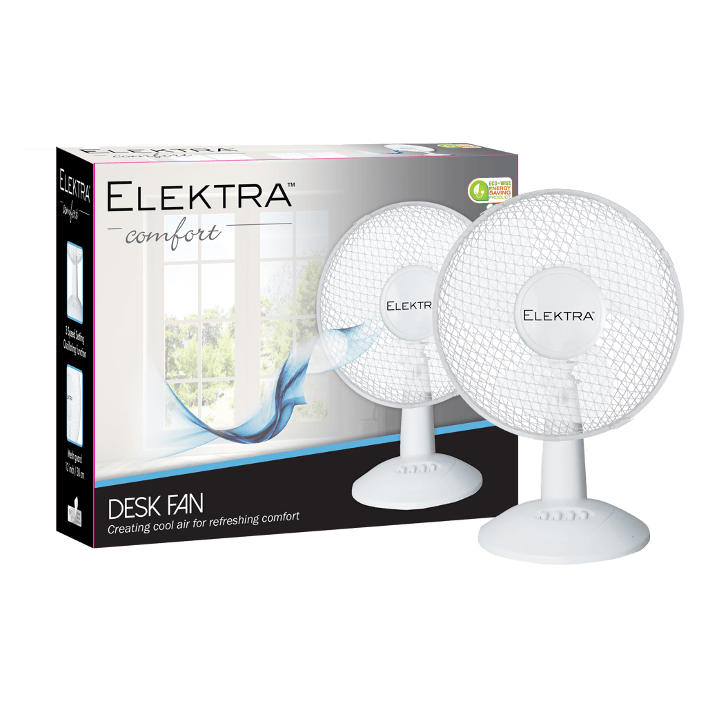 Elektra desk fan 30cm in packaging, designed for refreshing air circulation and comfort at your workspace.