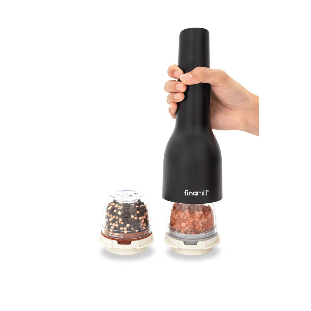 FINAMILL RECHARGEABLE grinder in Midnight Black with interchangeable spice containers for versatile seasoning.