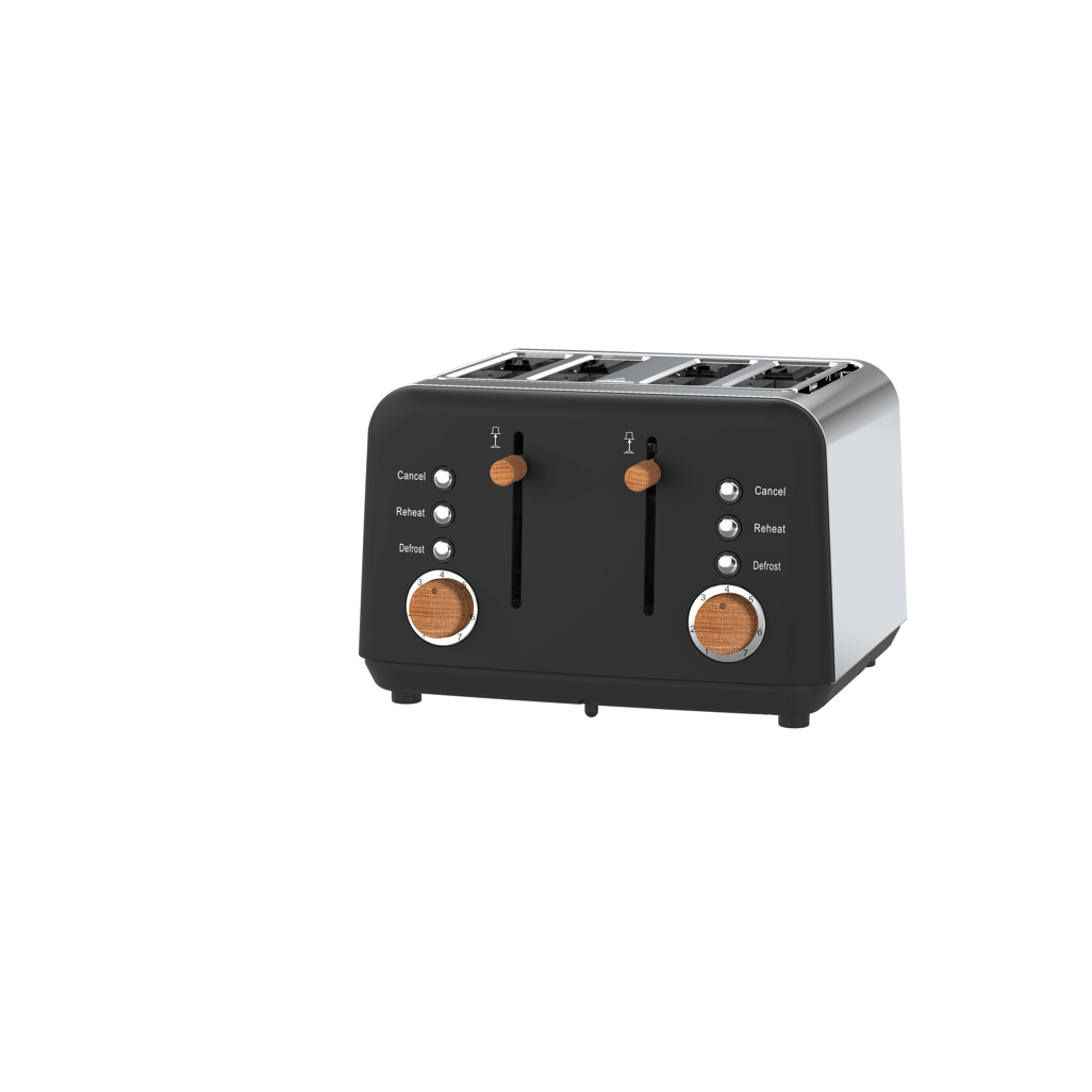 Boden Stark Anson Collection 4 Slice Stainless Steel Toaster in Black with wooden levers and buttons.