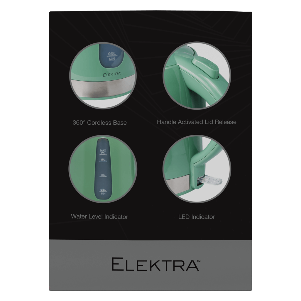 ELEKTRA 2200W green kettle features: 360° cordless base, handle lid release, water level and LED indicators.