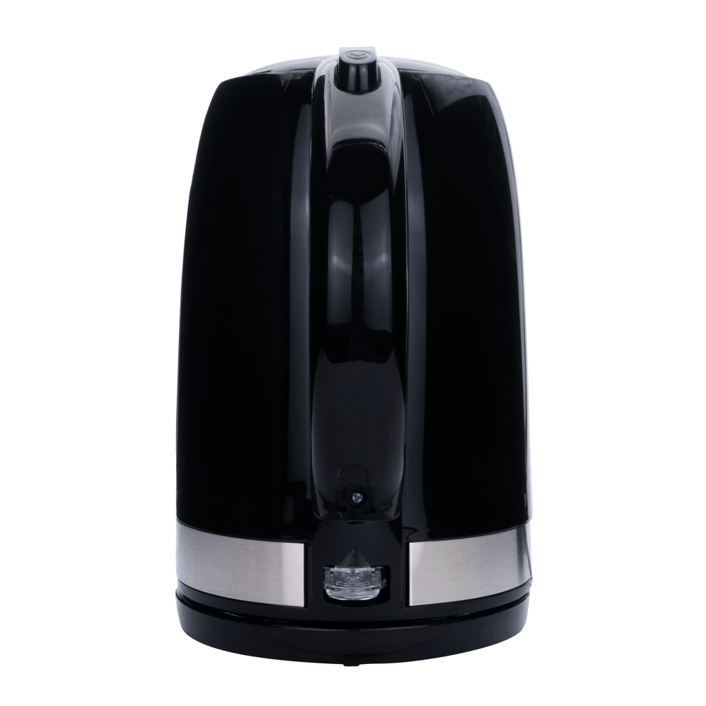 ELEKTRA 1.7L black plastic kettle with stainless steel accents, 360° cordless base for easy use.