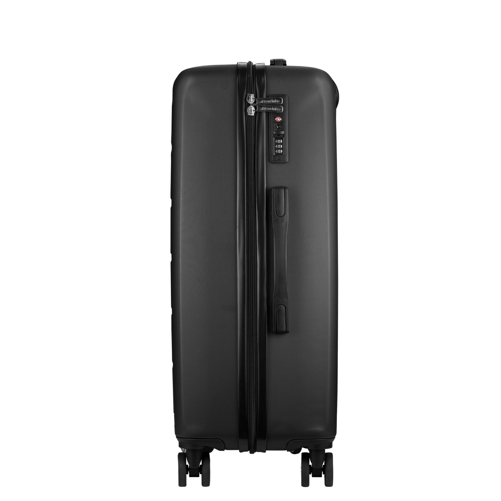 Travelwize Maple ABS 75cm black spinner luggage rear view with four wheels and secure zipper.