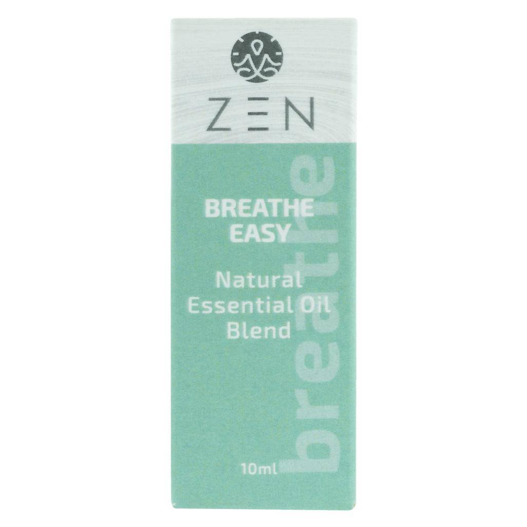 Zen Oil Breathe Easy natural essential oil blend 10ml packaging for soothing breathing.