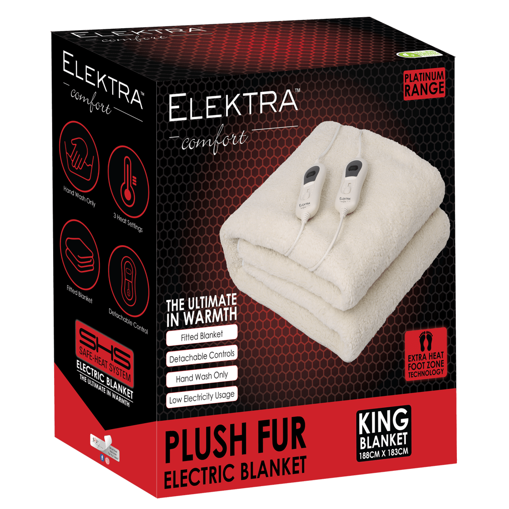 Elektra comfort plush fur electric blanket in king size, showcasing features like detachable controls and low electricity usage.