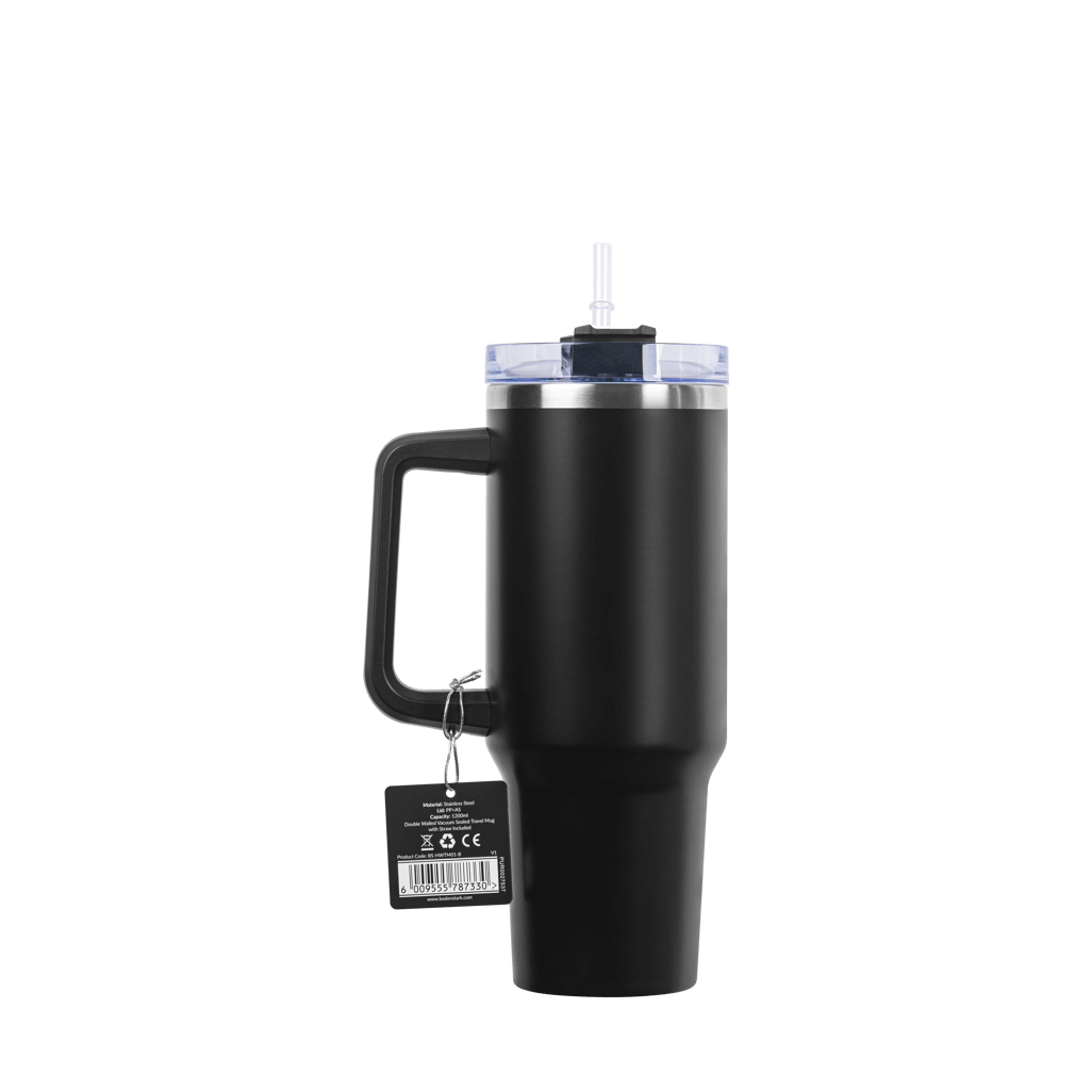 Boden Stark 1200ml Travel Mug in black, featuring a sturdy handle and clear lid for on-the-go beverages.