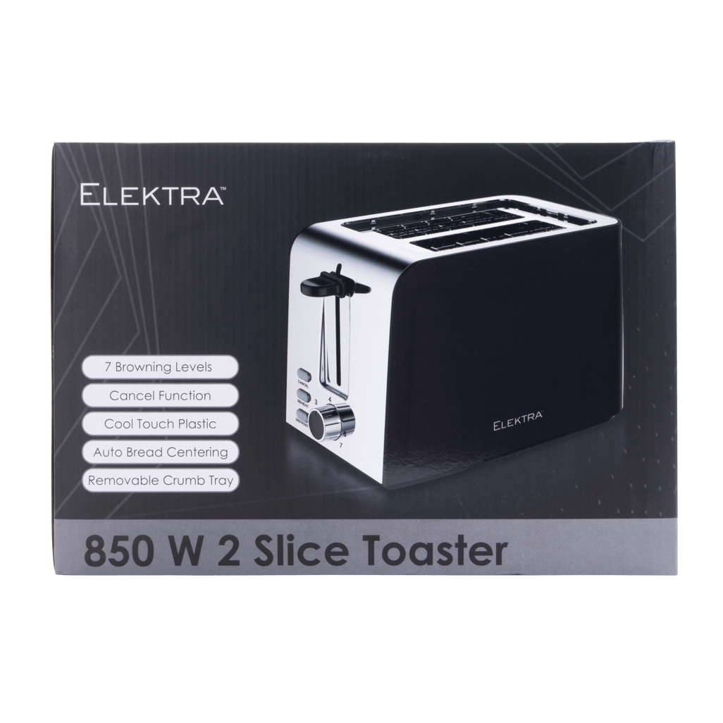 ELEKTRA 2 Slice Toaster in black with 850W power and 7 browning levels, featuring cancel and cool touch functions.