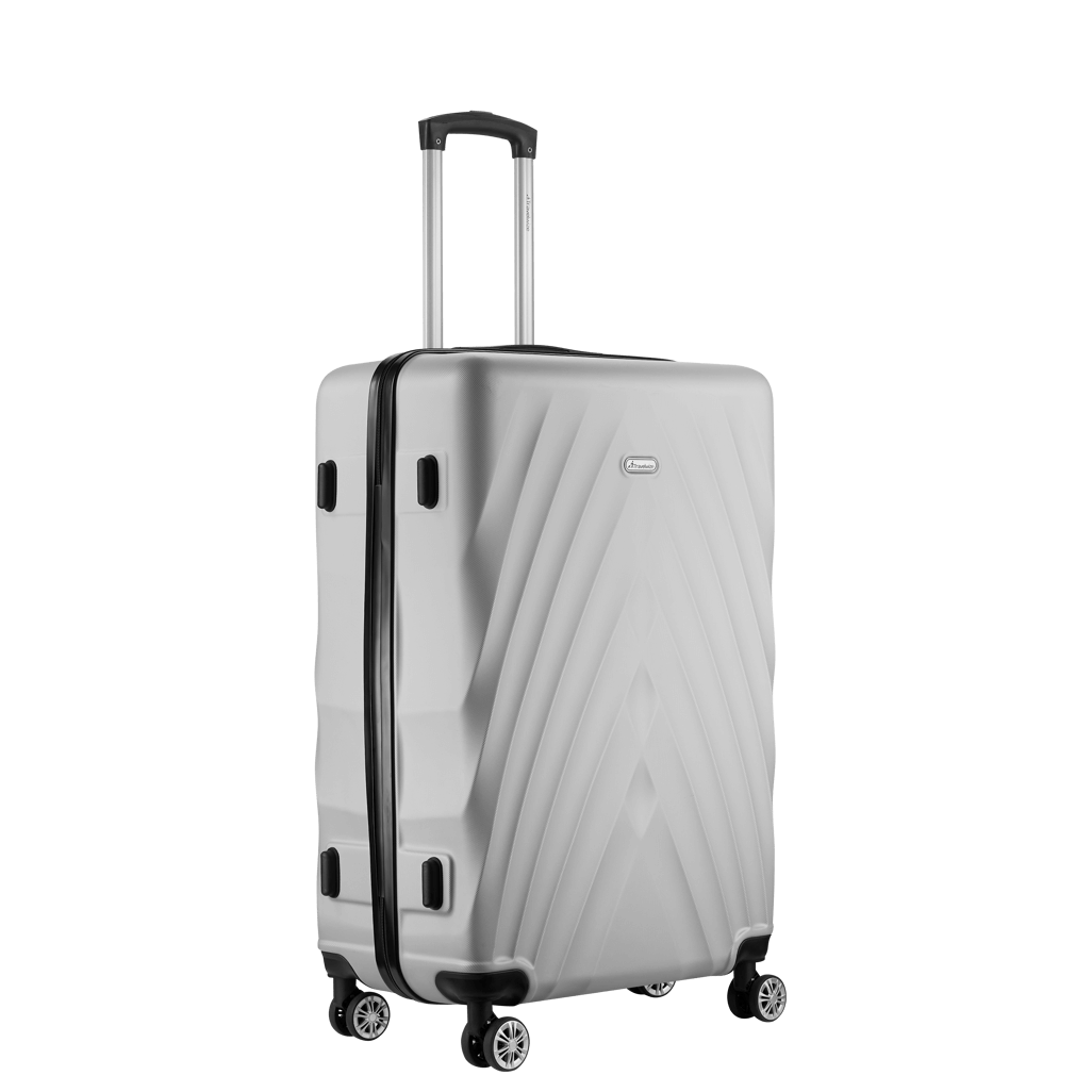 Travelwize Terra ABS 77cm silver 4-wheels spinner luggage with ergonomic handle and modern design.