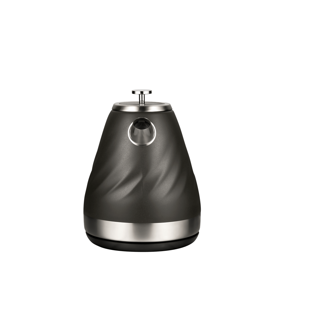 Boden Stark 1.7L charcoal stainless steel kettle with sleek design and elegant finish.