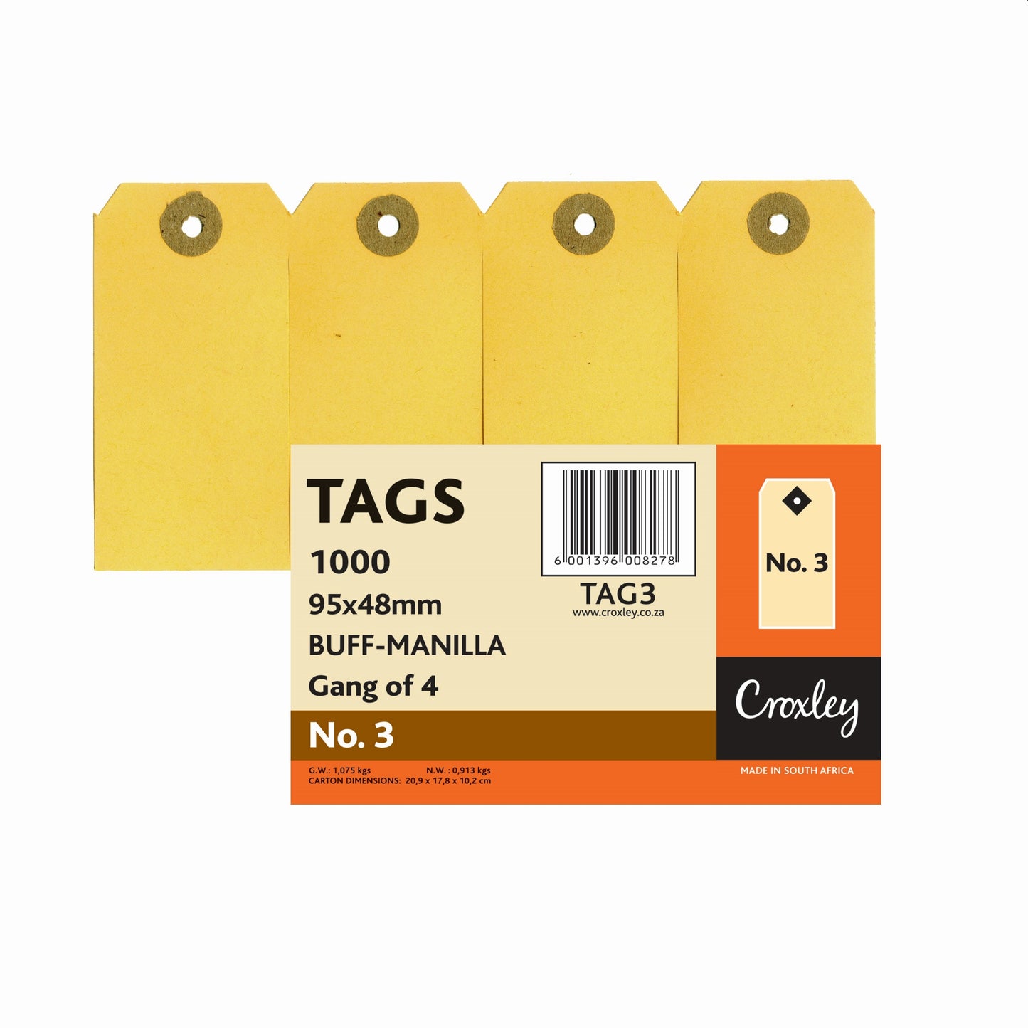 CROXLEY JD3 Buff Manilla Tags Gangs of 4 - No.3 - 95X48 (Box of 1000)