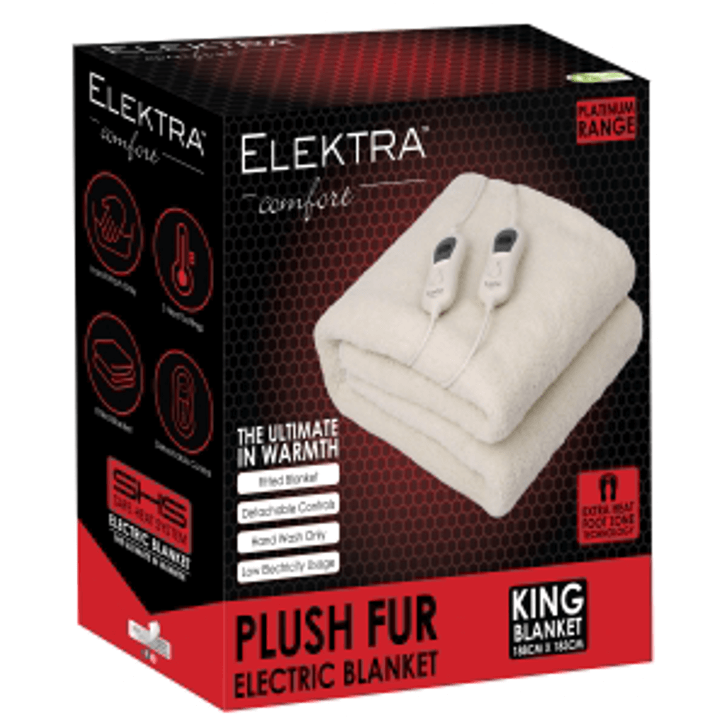 Elektra Comfort King Size Plush Fur Electric Blanket, featuring wired controls and low electricity usage.