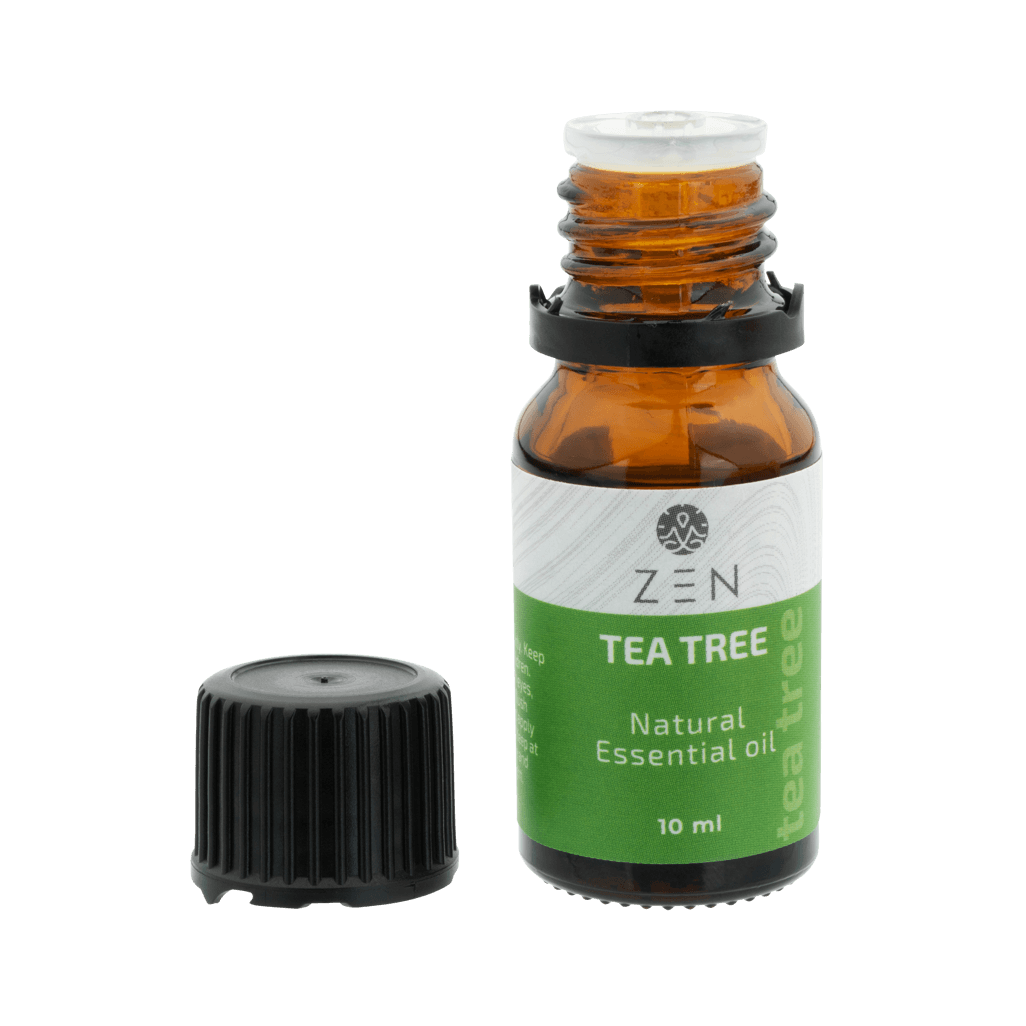 Zen Oil Tea Tree essential oil bottle, 10 ml, ideal for relaxation and stress relief in aromatherapy.
