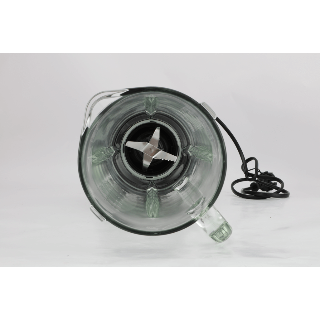 Boden Stark 1000W Glass Jug Blender top view showing the blade and power cord.