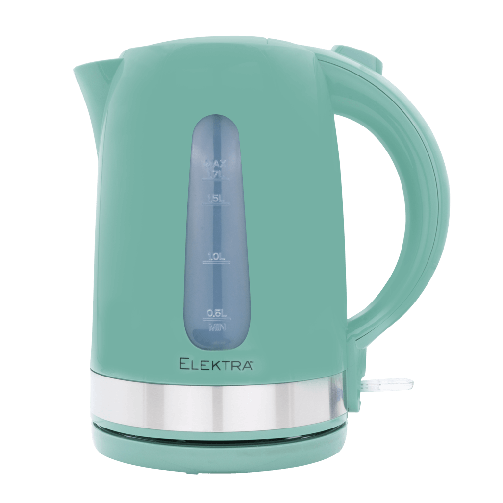 ELEKTRA 2200W green plastic kettle with stainless steel base and water level indicator, 1.7L capacity.