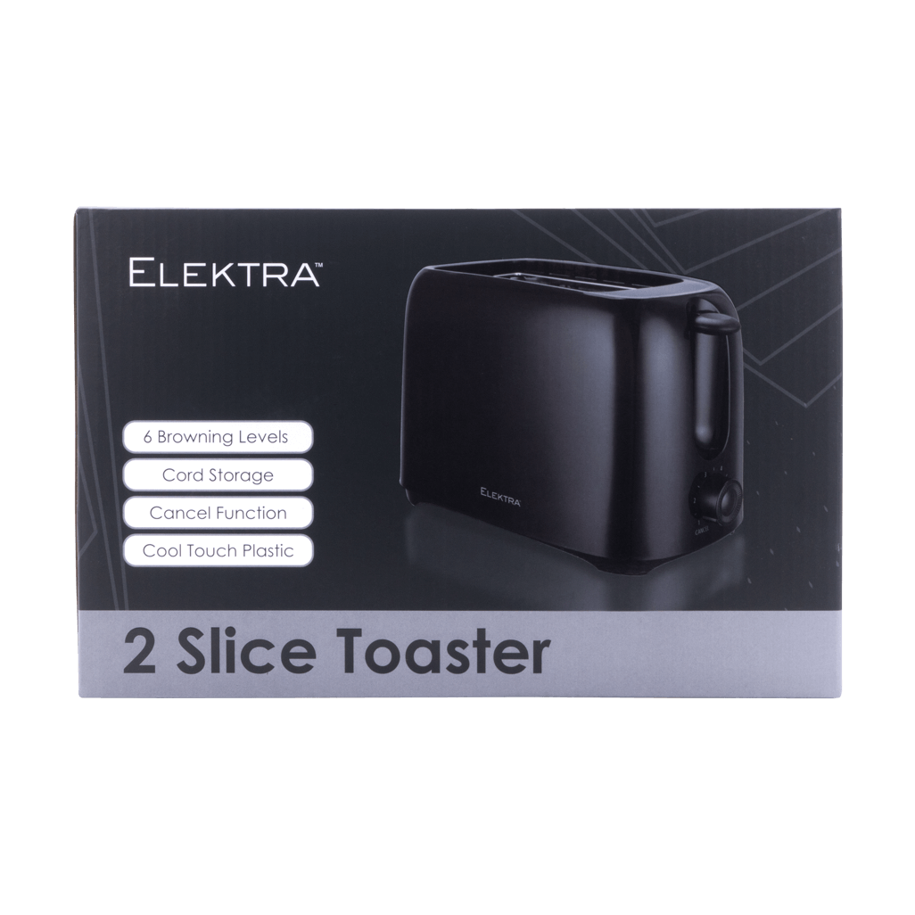 ELEKTRA Basic 2 Slice Toaster in black with 6 browning levels and cool touch plastic housing.