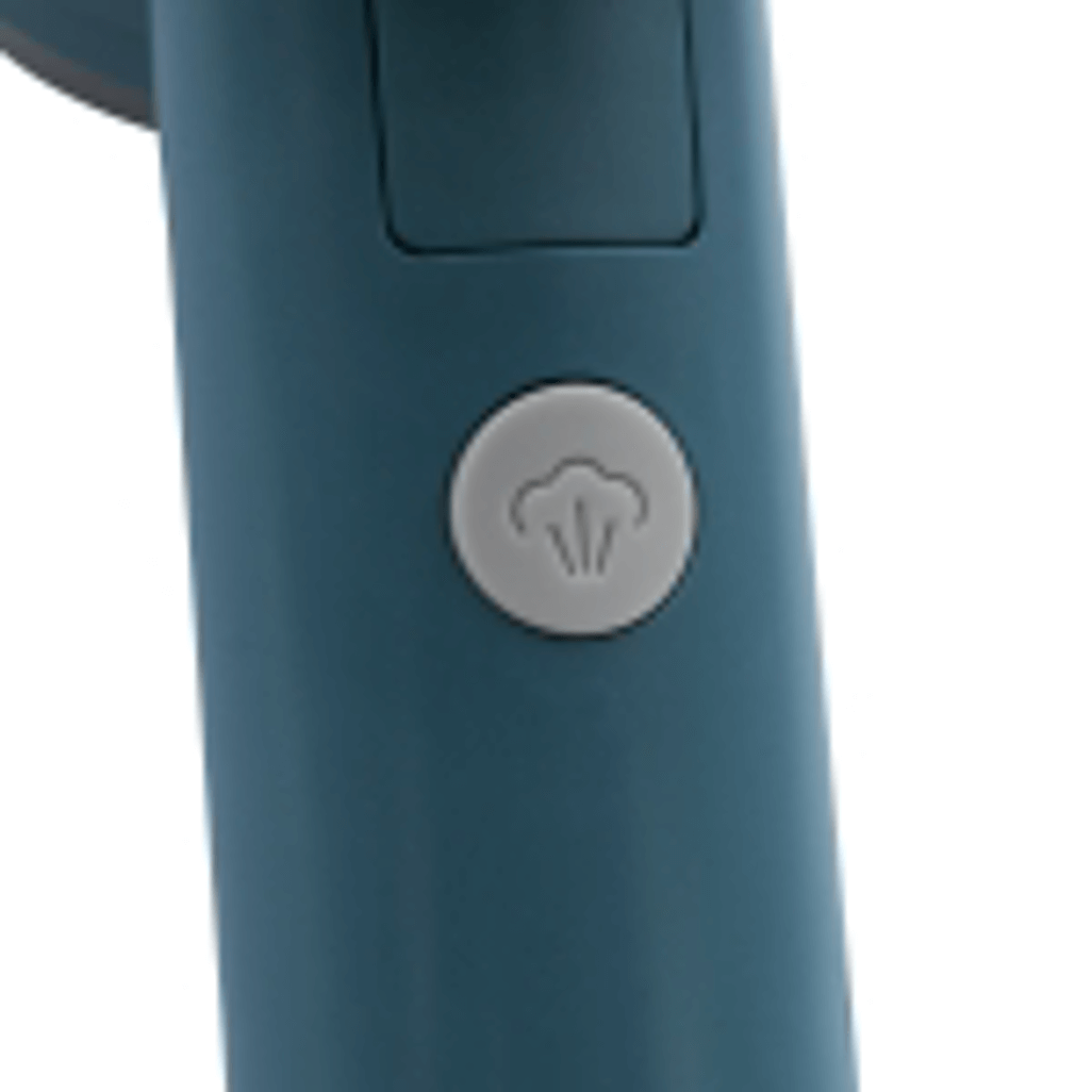 Close-up of the button on the Boden Stark Handheld Steamer, featuring a steam icon for easy operation.
