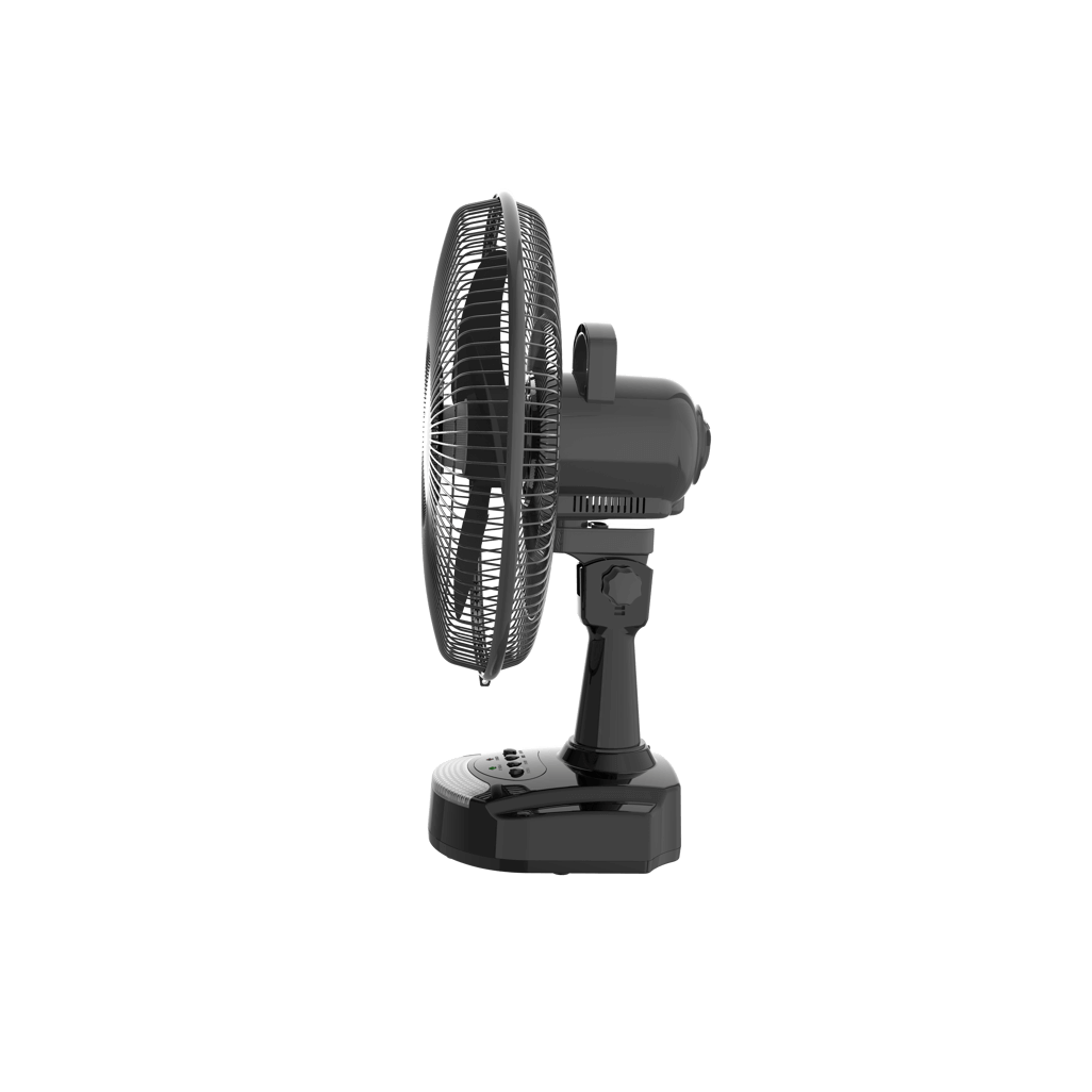 ELEKTRA EVERLAST 12 inch desk fan side view, sleek black design for efficient cooling in any workspace.