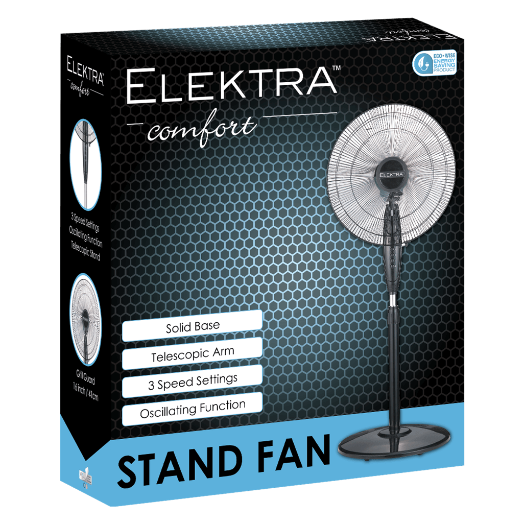 Elektra stand fan packaging showcasing features like telescopic arm and oscillating function, ideal for home comfort.