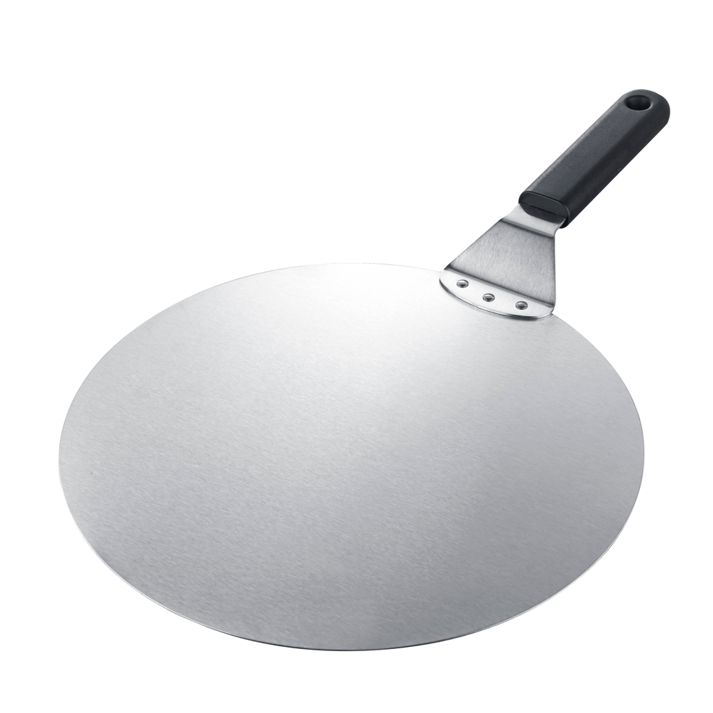 Boden Stark pizza peel with a flat, round aluminum surface and a black handle for easy pizza handling and serving.