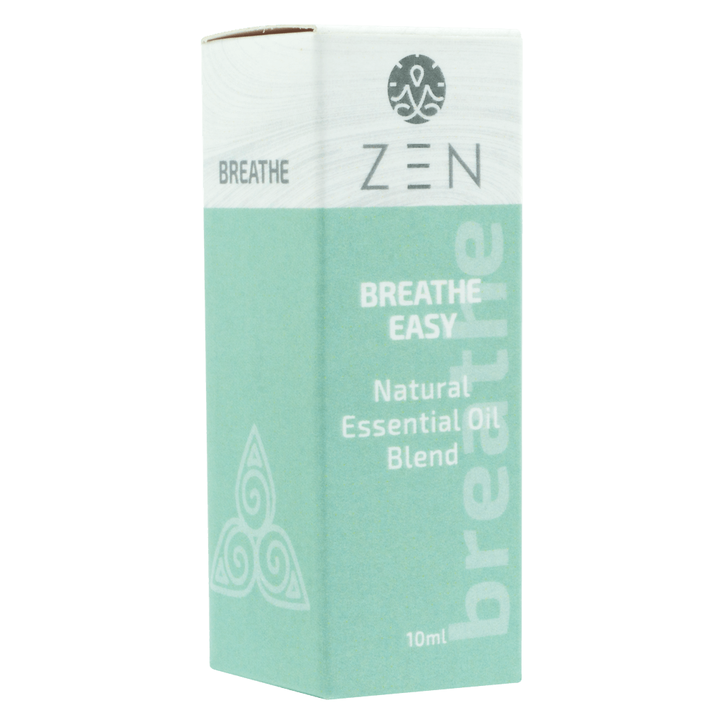 Zen Oil Breathe Easy natural essential oil blend packaging, designed for easy breathing and relaxation.