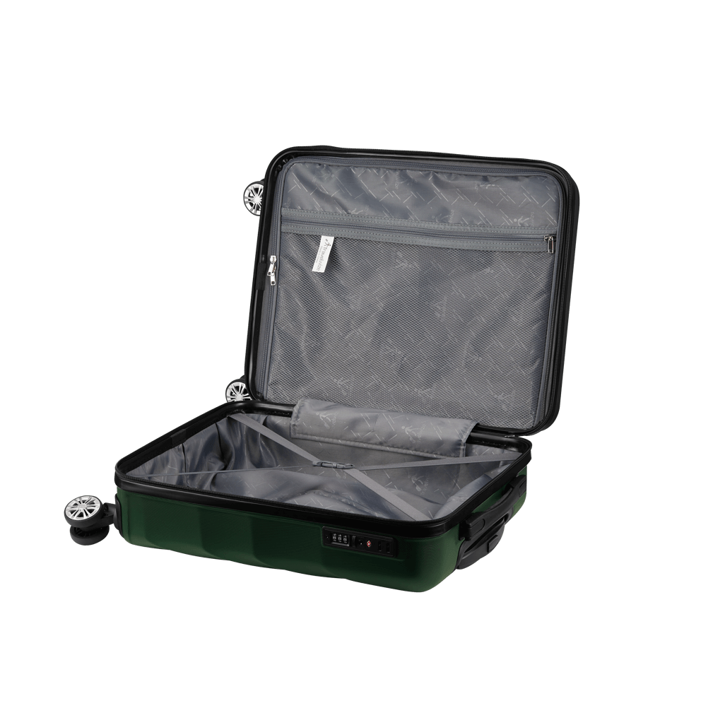 Open Travelwize Terra ABS 77cm spinner luggage showcasing spacious interior and organizational pocket.