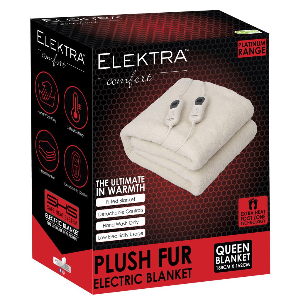 Elektra Queen Plush Fur Electric Blanket with detachable controls and safety features, designed for optimal warmth and comfort.
