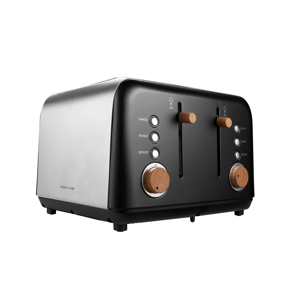 Boden Stark Anson Collection 4 Slice Stainless Steel Toaster in Black with wooden knobs and sleek design.