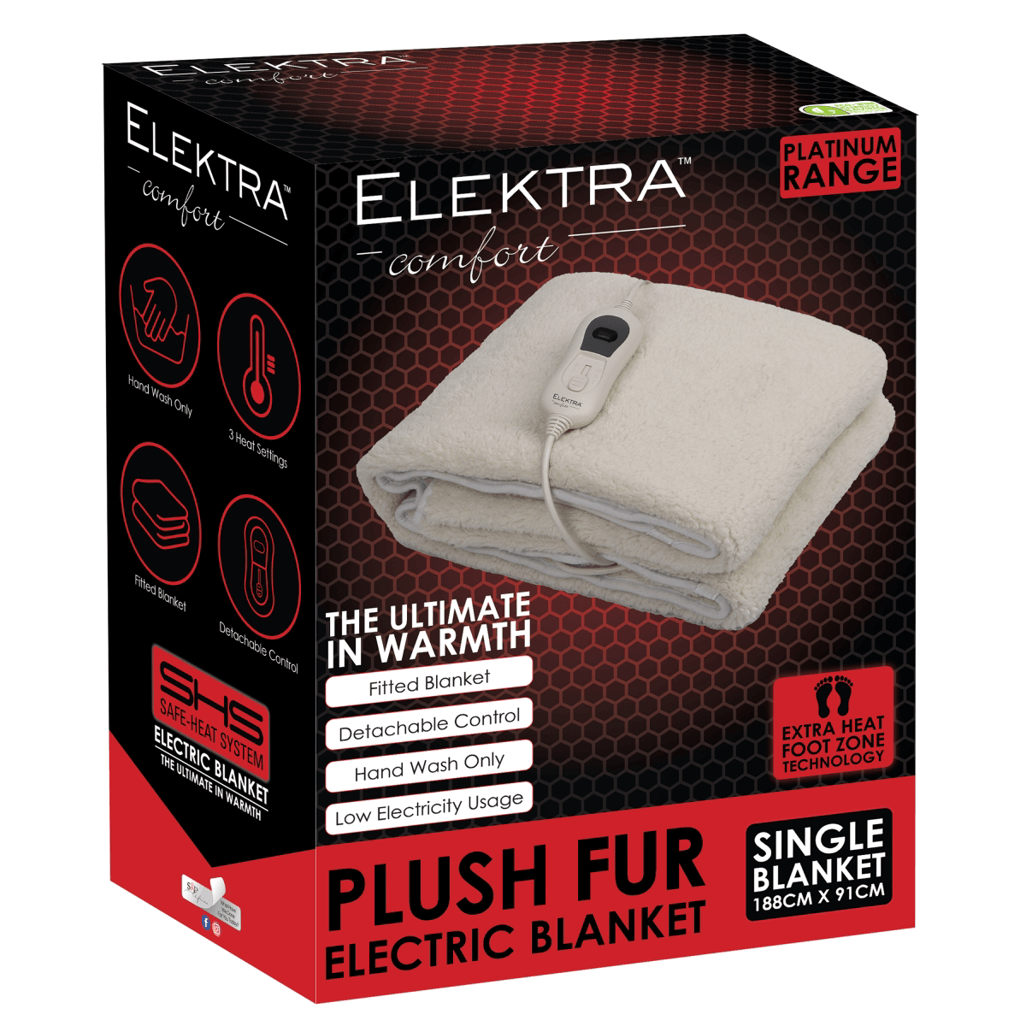 Elektra single electric blanket with plush fur, featuring detachable control and low electricity usage.