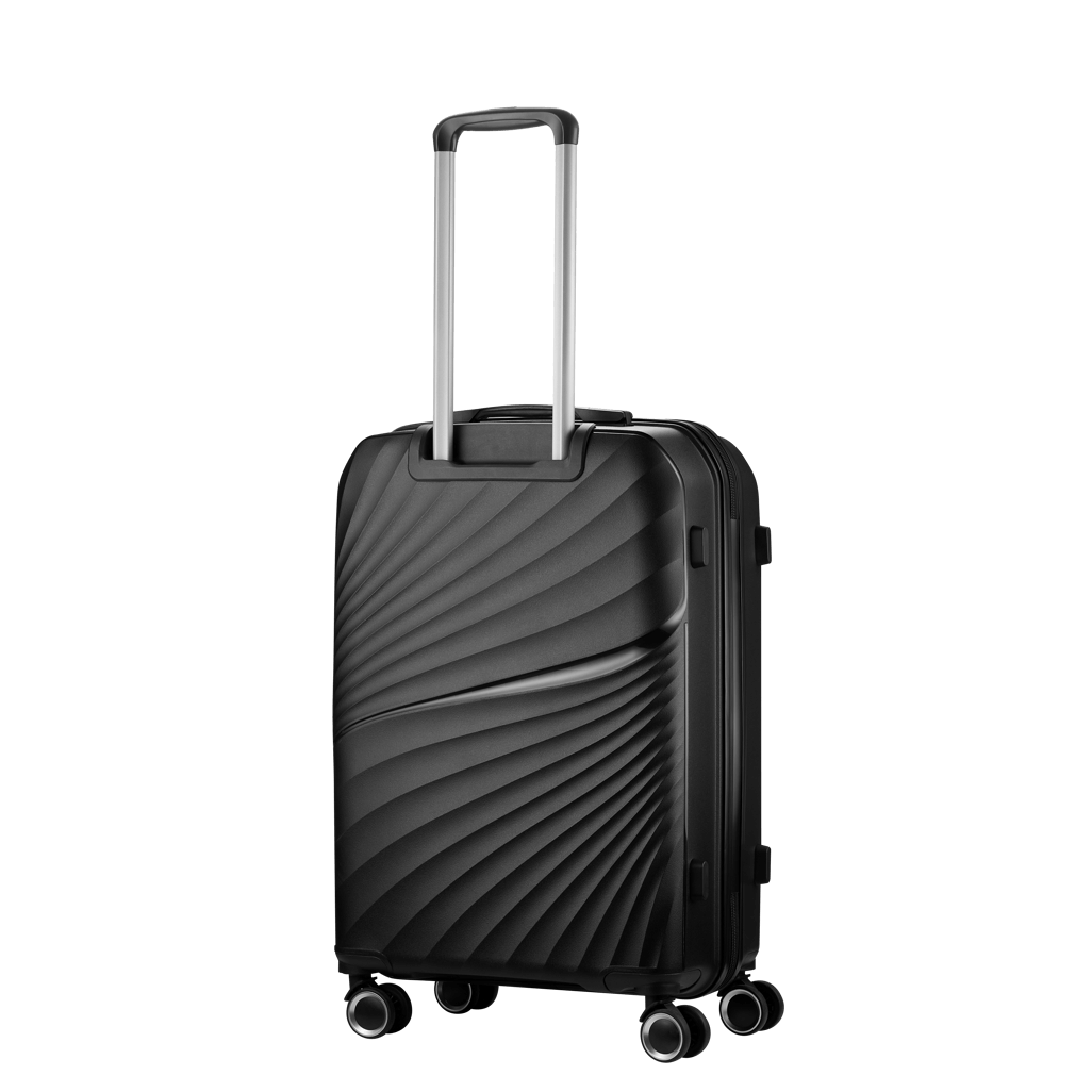 Travelwize Quartz 66cm black spinner luggage with 4 wheels, textured design and retractable handle for easy travel.