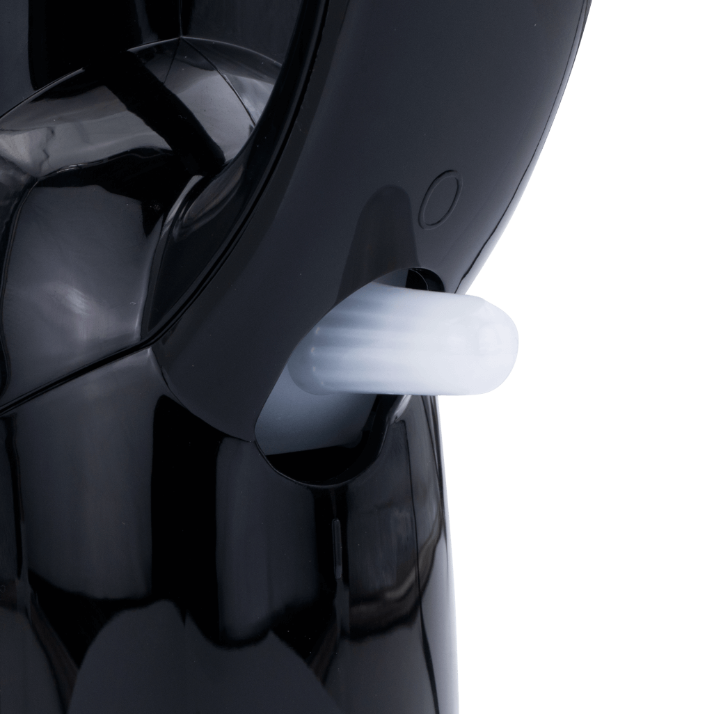 Close-up of the ELEKTRA cordless kettle's manual opening lid, showcasing its black plastic housing and easy-access design.