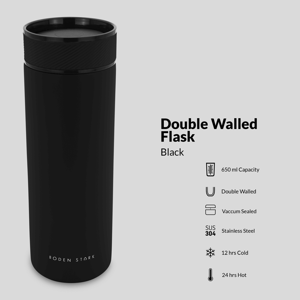 Boden Stark 650ml Travel Flask in black, double-walled, vacuum-sealed, keeps drinks hot for 24 hrs and cold for 12 hrs.