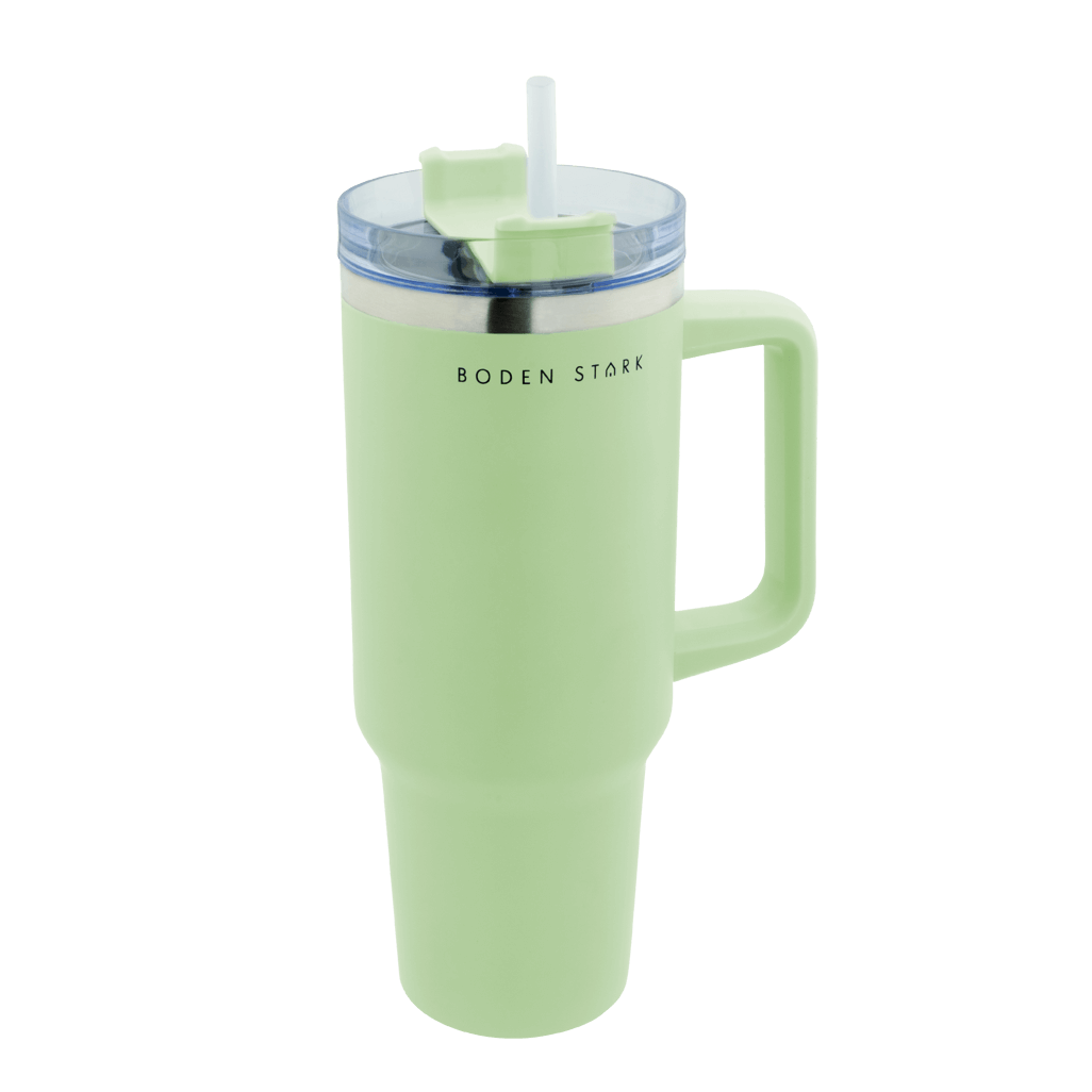 Boden Stark 1200ml travel mug in green, featuring a straw and ergonomic handle, ideal for on-the-go hydration.