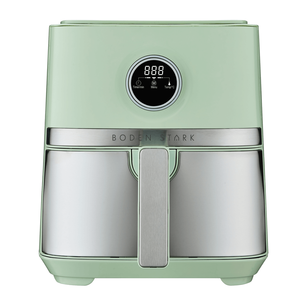 Boden Stark 5.0L Digital Air Fryer in green with stainless steel accents and digital display.