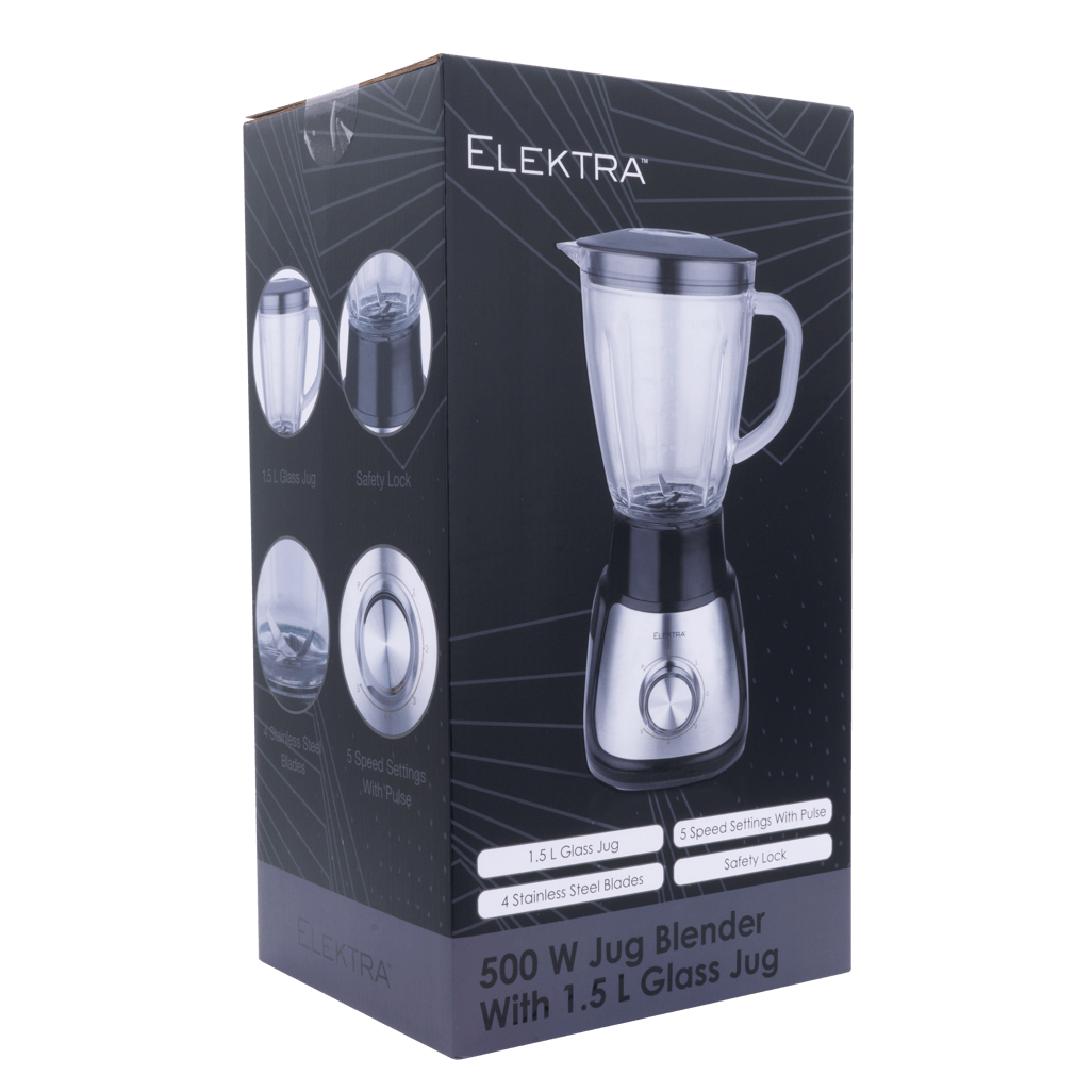 ELEKTRA 500W Jug Blender box showcasing 1.5L glass jug, 5 speed settings, and stainless steel blades.