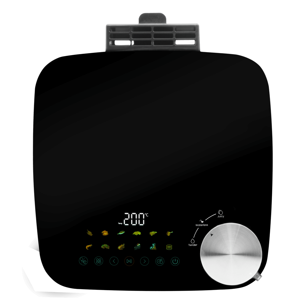 Boden Stark 8L Dual Element Air Fryer front view with touch controls and steaming function indicator.
