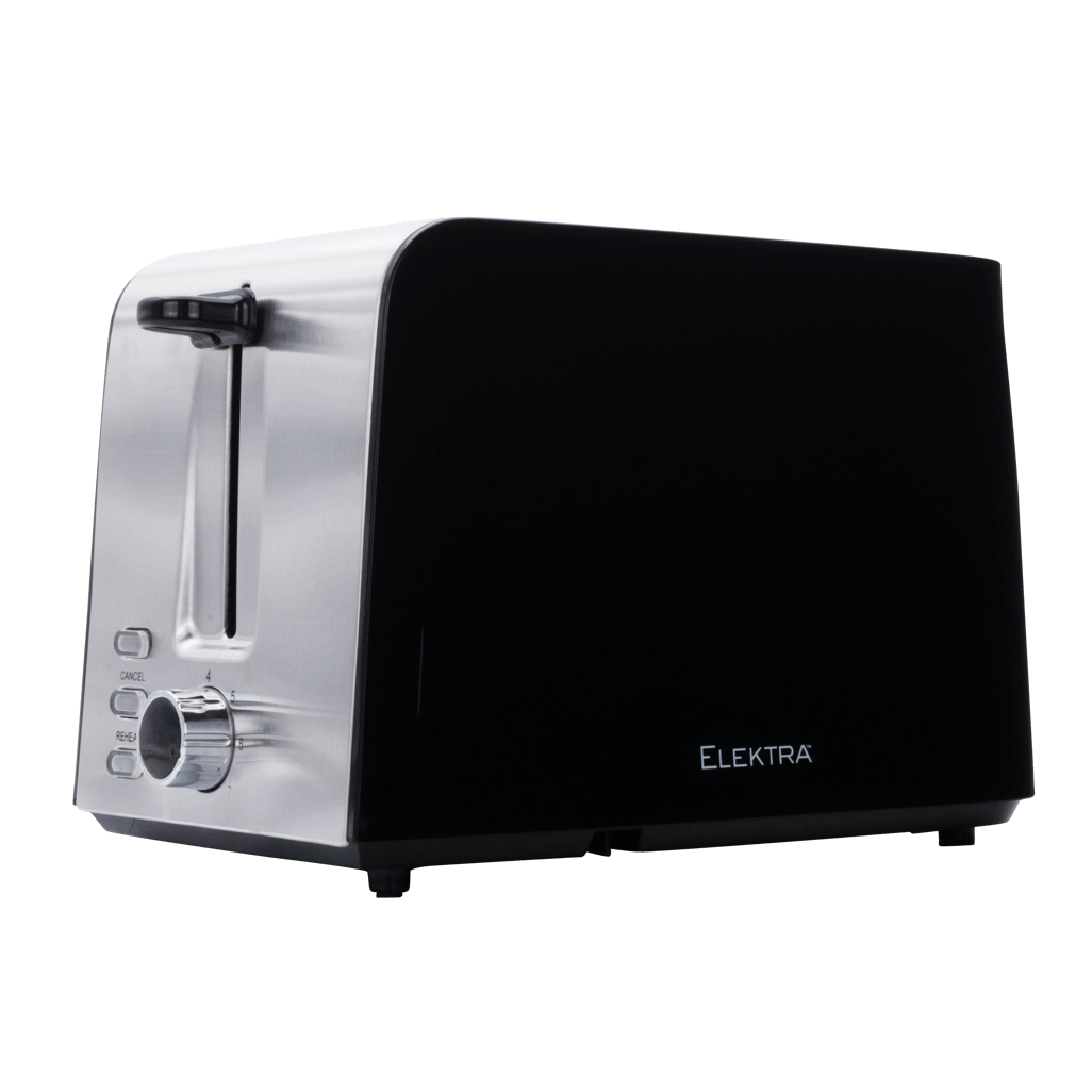 Elektra 2 Slice Toaster in black with stainless steel accents and control buttons, perfect for even toasting.
