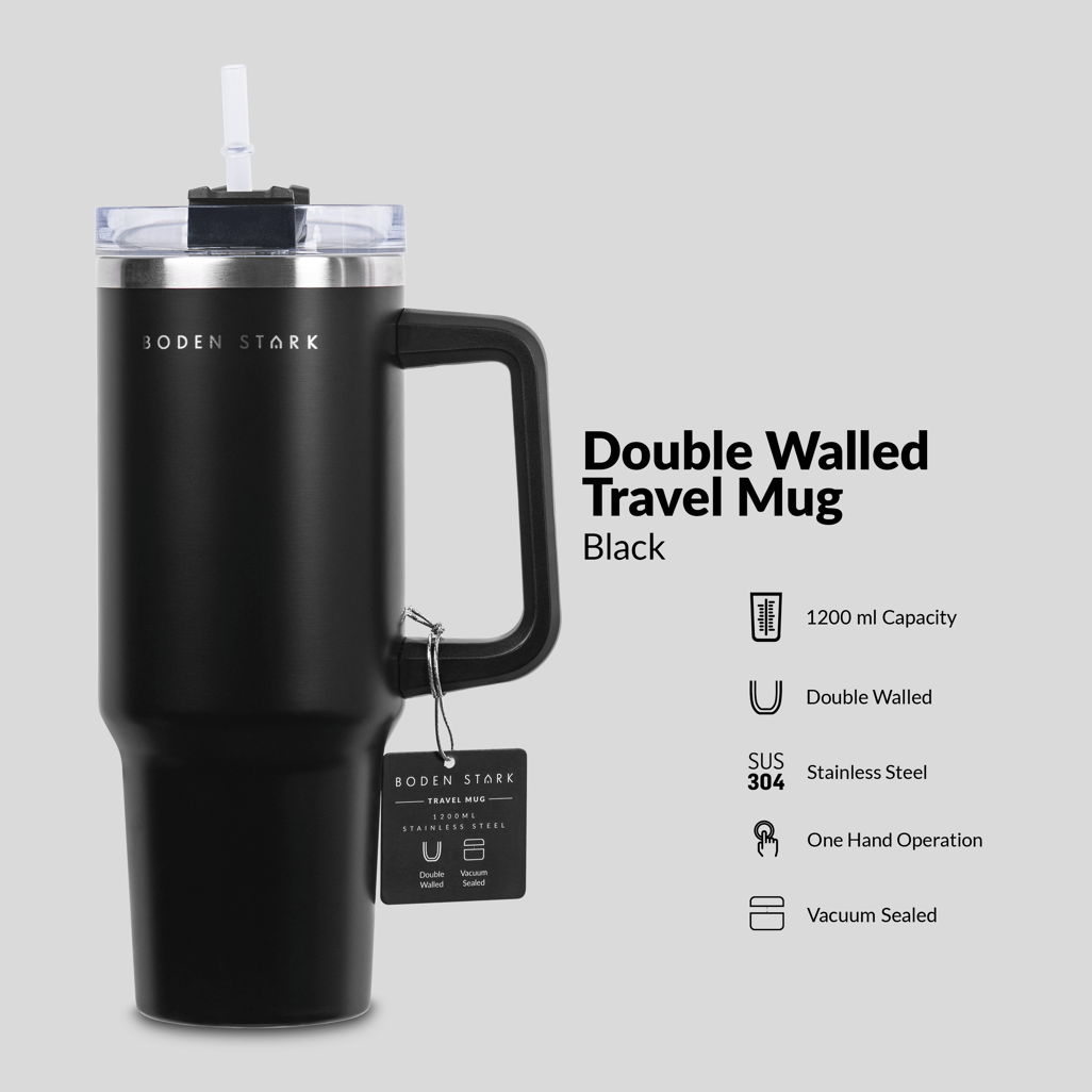 Boden Stark 1200ml Black Travel Mug with double wall, stainless steel, one-hand operation, and vacuum seal.