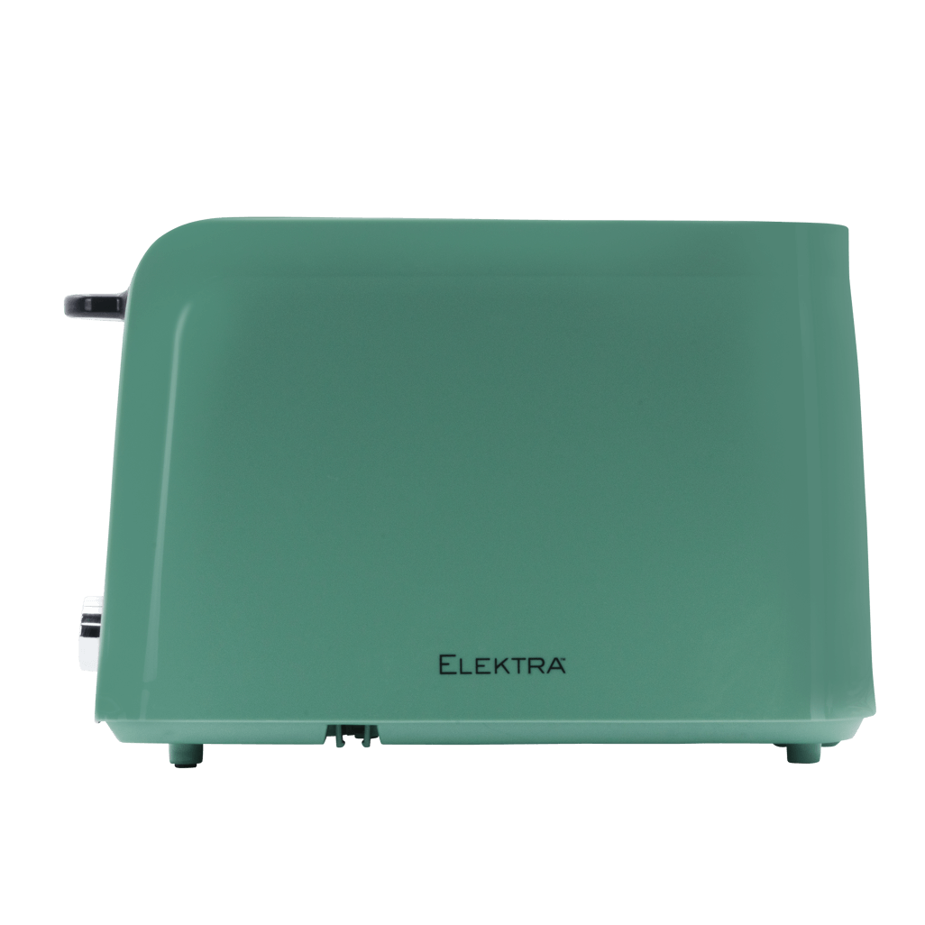 ELEKTRA green 2 slice toaster featuring sleek design and stainless steel accents.