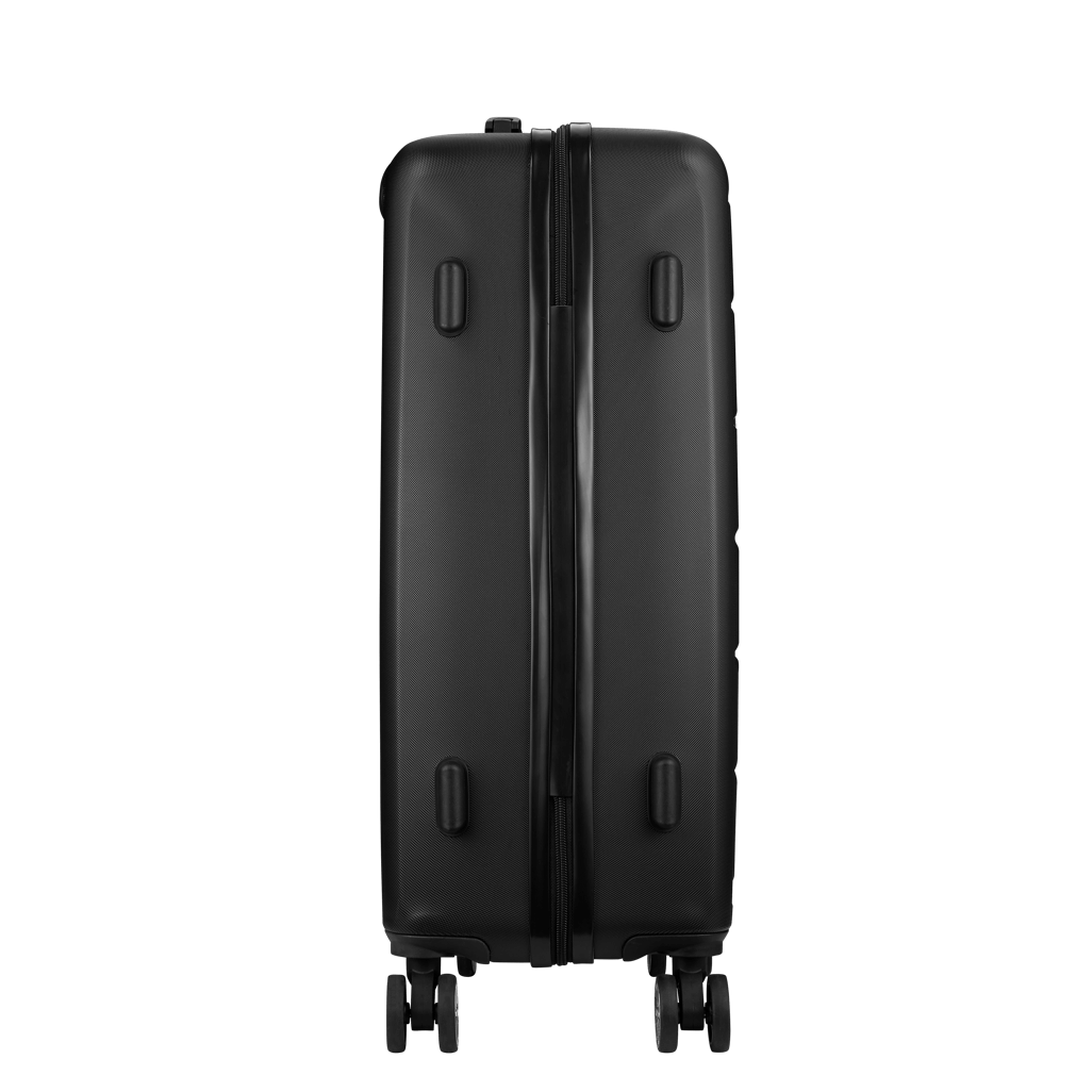 Travelwize Maple 75cm ABS spinner luggage in black with four wheels, ideal for travel and easy maneuverability.