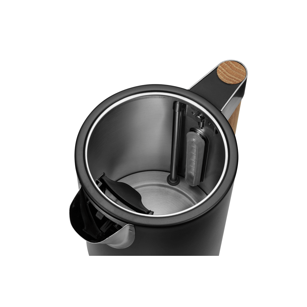 Top view of Boden Stark Anson 1.7l stainless steel kettle, showcasing the interior design and wooden accents.